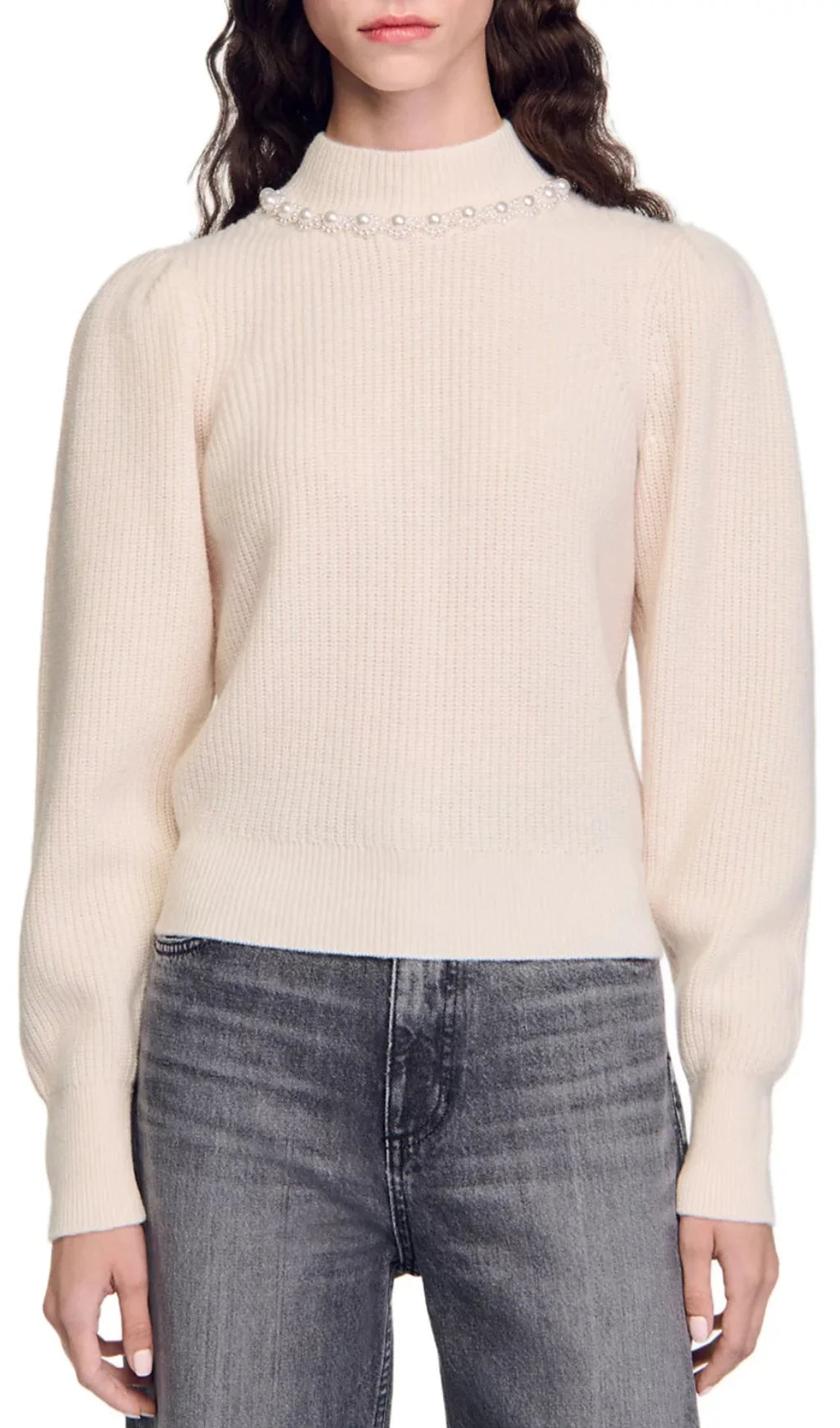 Maglione a collo alto con perline e blocchi di colore