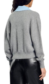 Maglione a coste con scollo a V e colletto a camicia sovrapposto