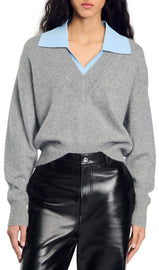 Maglione a coste con scollo a V e colletto a camicia sovrapposto